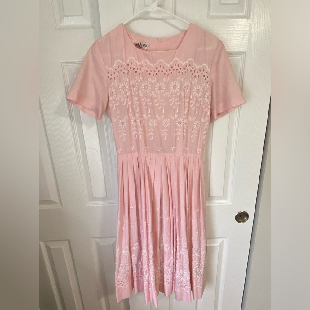 Pink embroidered pleated A-Line dress